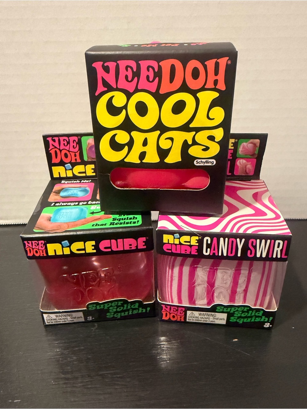 BUNDLE - 3 NeeDoh Cool Cats Candy Swirl and solid pink Nice Ice Cube LOT nee doh